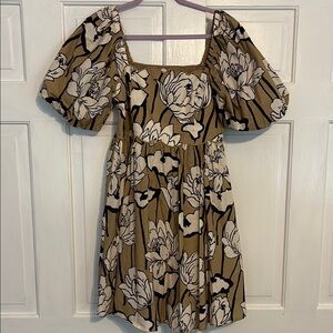 Entro Floral Puff Sleeve Dress in Brown and White size M